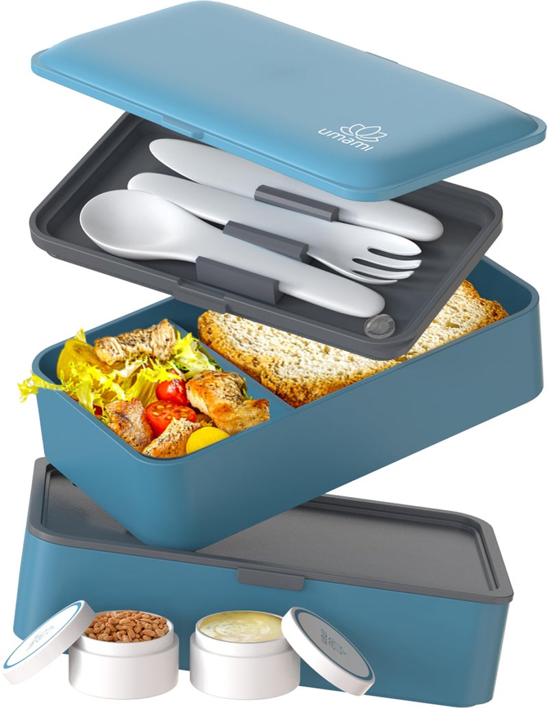 Umami Bento Box Adult All-In-1 w/4 Utensils, 2 Sauce Jar, 2 Dividers, 100% Leakproof, Microwave & Dishwasher Safe, Stackable Bento Lunch Box Containers for Men/Women, Denim Blue, 40 oz - Image 1